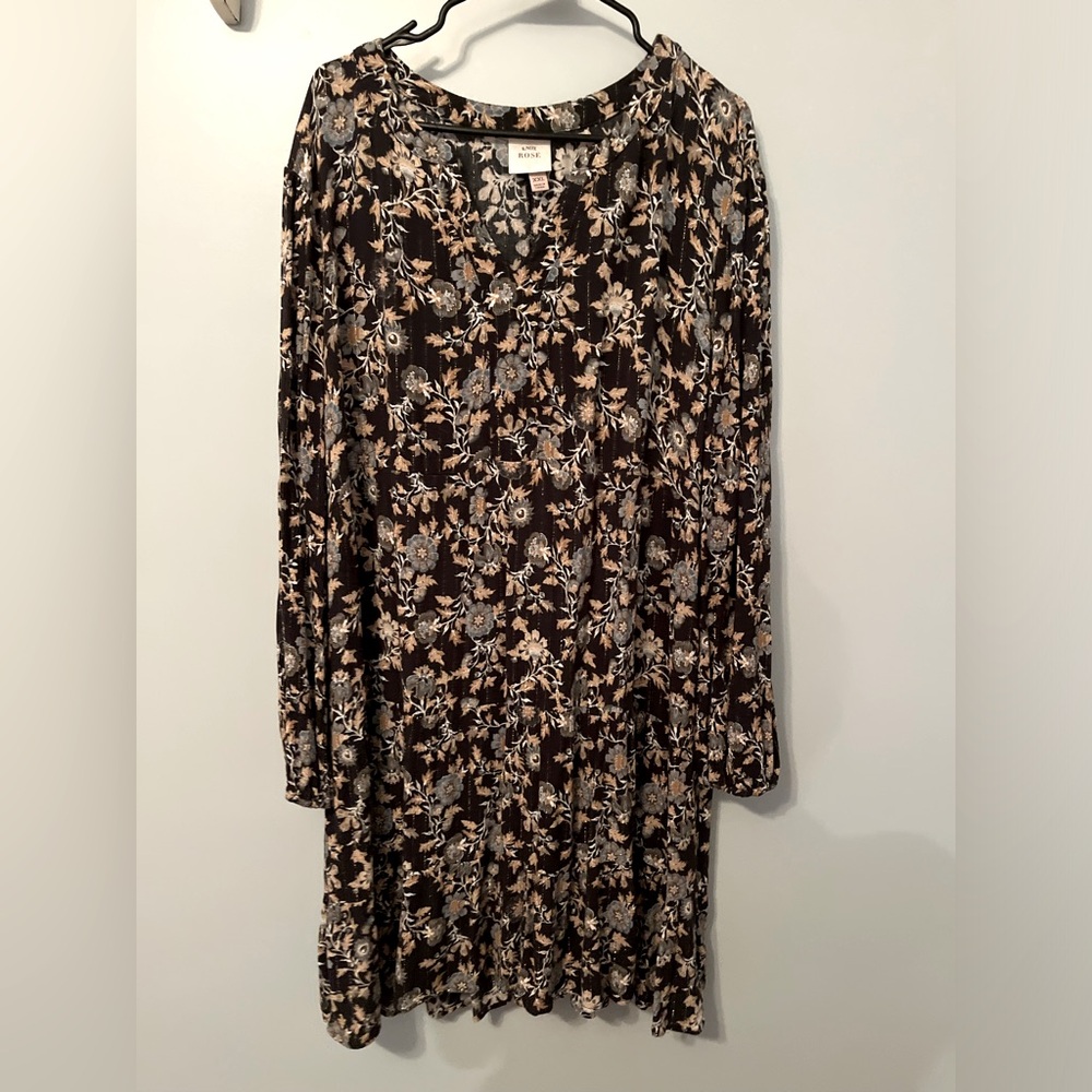 Knox Rose Dress Womens large XXL Black Floral Print Crinkle Tiered Boho Peasant